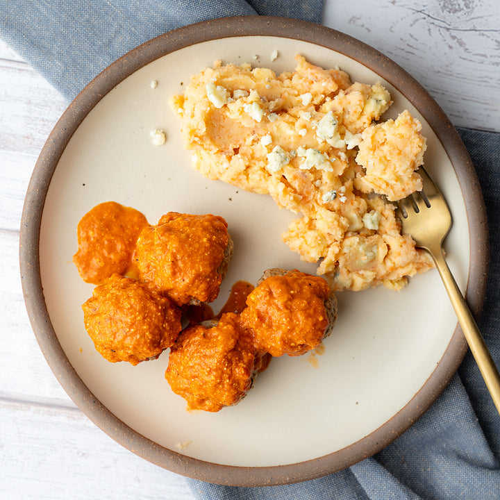 Italian Meatballs with Romesco Sauce & Sweet Potato Mash