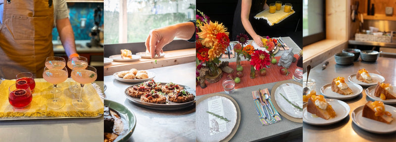 Four scenes from a party catered by Maven Meals: a tray of pink drinks, a chef plating appetizers, a table set with orange dahlias and printed menus, and plated slices of cake