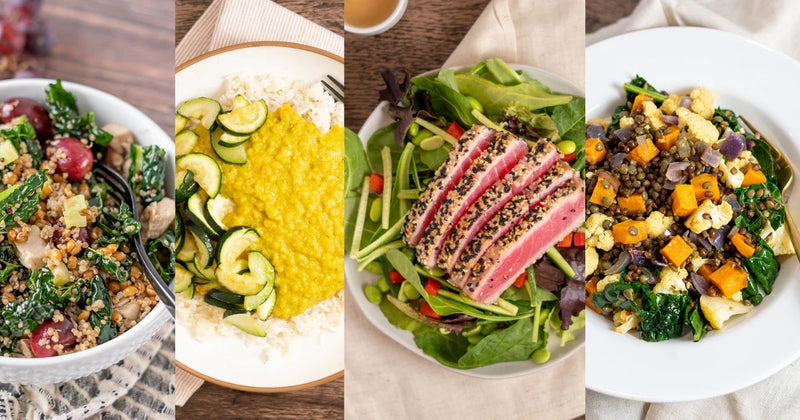 A Mediterranean diet meal prep spread from Maven Meals, with seared tuna, lentils, roasted vegetables and a grain salad