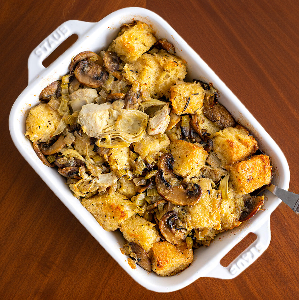 Family Style Artichoke Parmesan Cornbread Stuffing