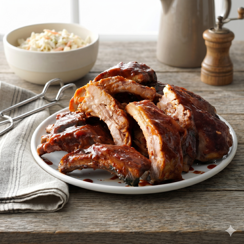 BBQ ribs from Maven Meals on a plate with coleslaw and a pepper grinder in the background