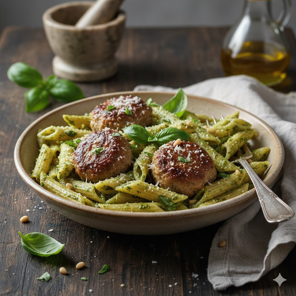 Roasted Turkey Meatballs with Creamy Pesto Penne - Stock Your Freezer