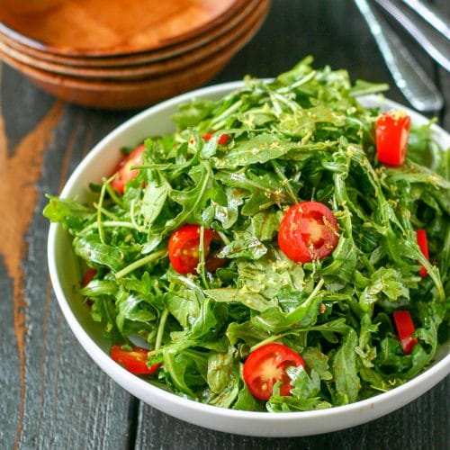 Arugula Salad with Fresh Tomatoes and Tahini Dressing