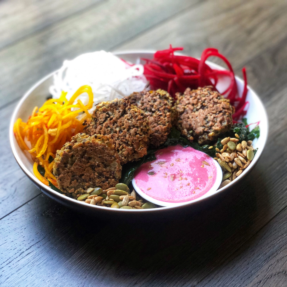 Roasted Beet Patty, Yam and Chickpea Bowl