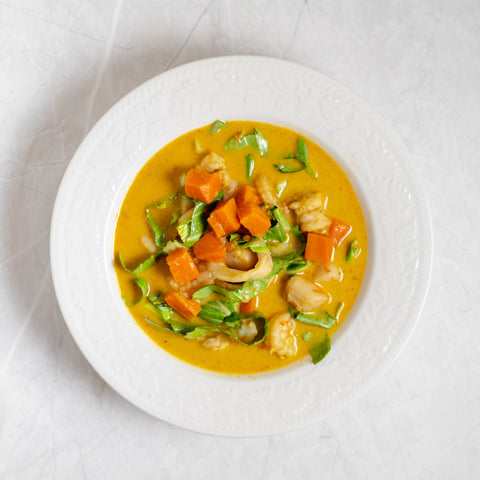 Thai Yellow Coconut Curry with Seafood and Roasted Sweet Potatoes