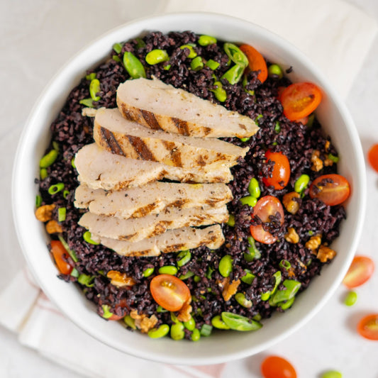 Chicken Black Rice Salad with Fresh Veggies and Walnuts