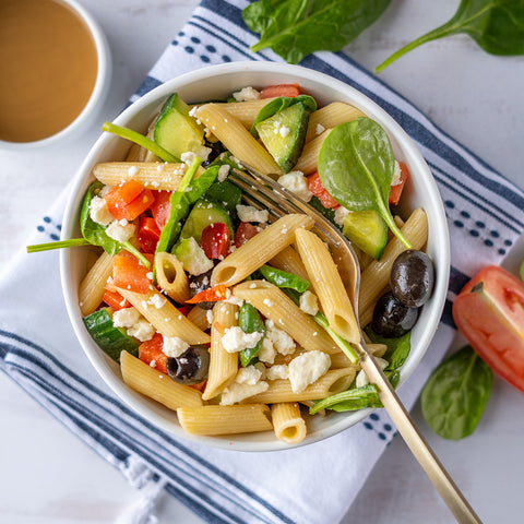 Greek Pasta Salad with Tahini Dressing