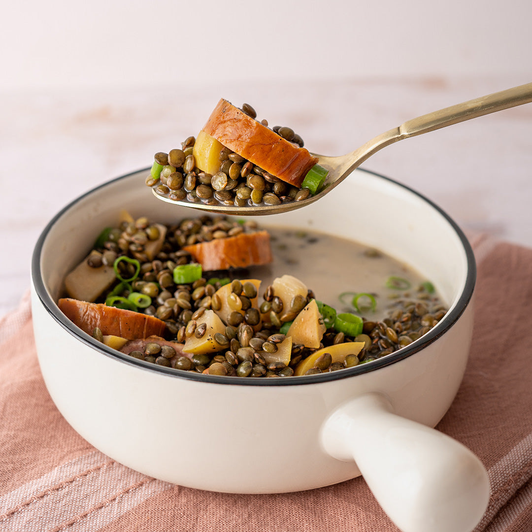 Lentil Soup with Smoked Kielbasa and Apple