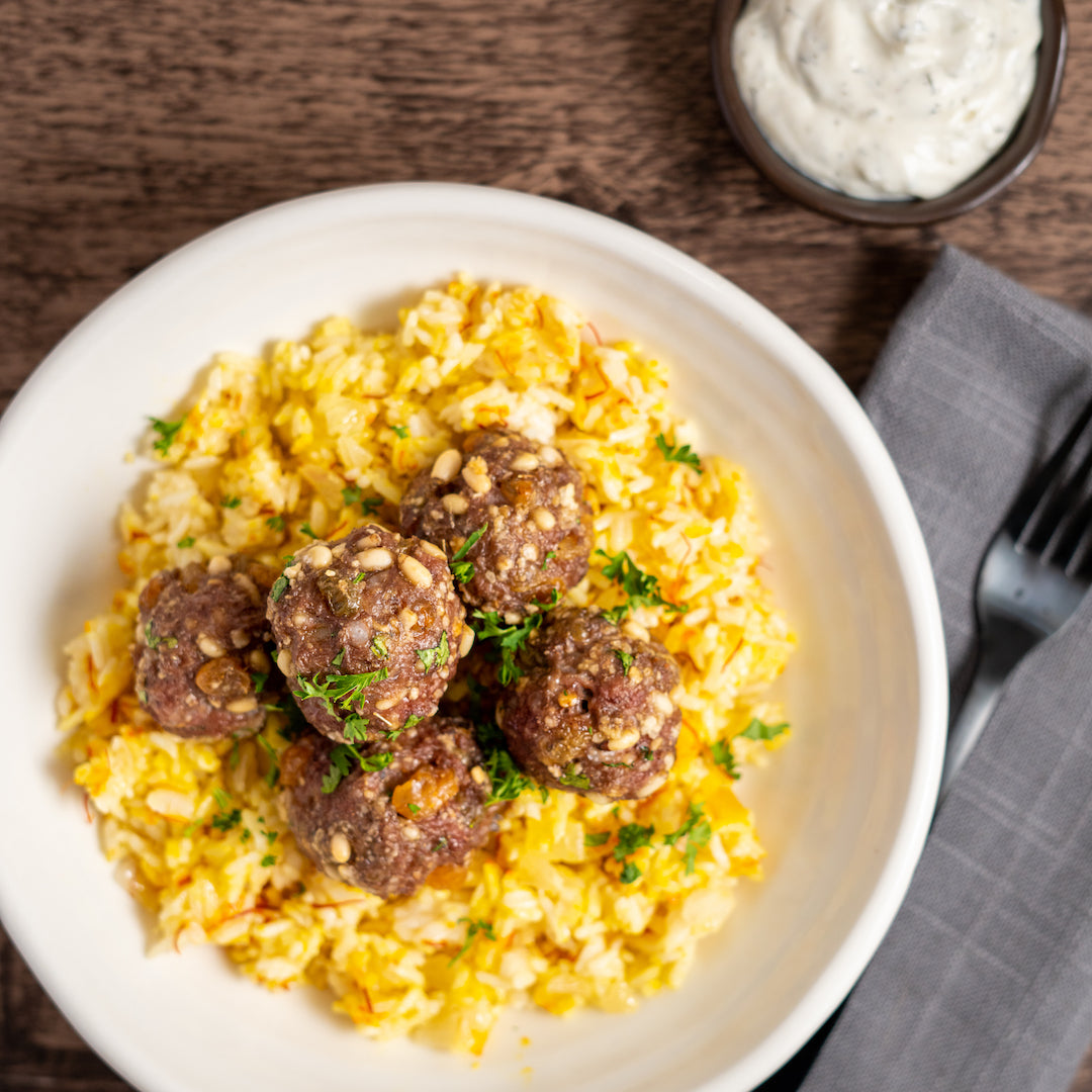 Lamb Meatballs over Saffron Basmati Rice with Tzatziki