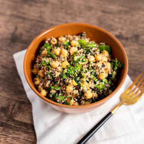 Quinoa and Garbanzo Bean Salad with Charred Broccoli