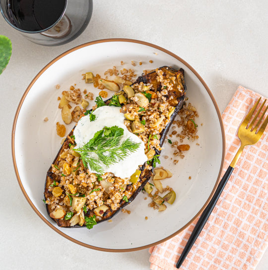 Chermoula Eggplant with Bulgur and Herbed Greek Yogurt
