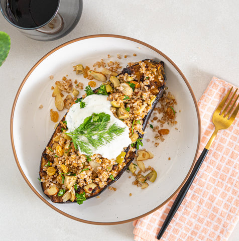 Chermoula Eggplant with Bulgur and Herbed Greek Yogurt