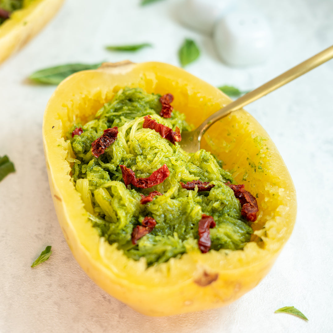 Pesto and Sun-dried Tomato Spaghetti Squash
