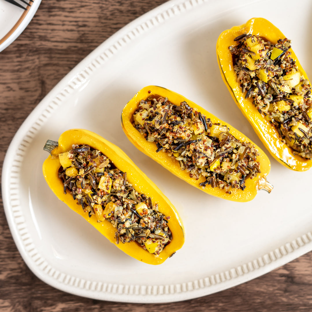 Delicata Squash Stuffed with Curried Quinoa and Wild Rice - Stock Your Freezer