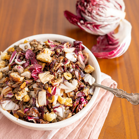 Family Style Roasted Cauliflower and Radicchio Salad with Toasted Hazelnuts