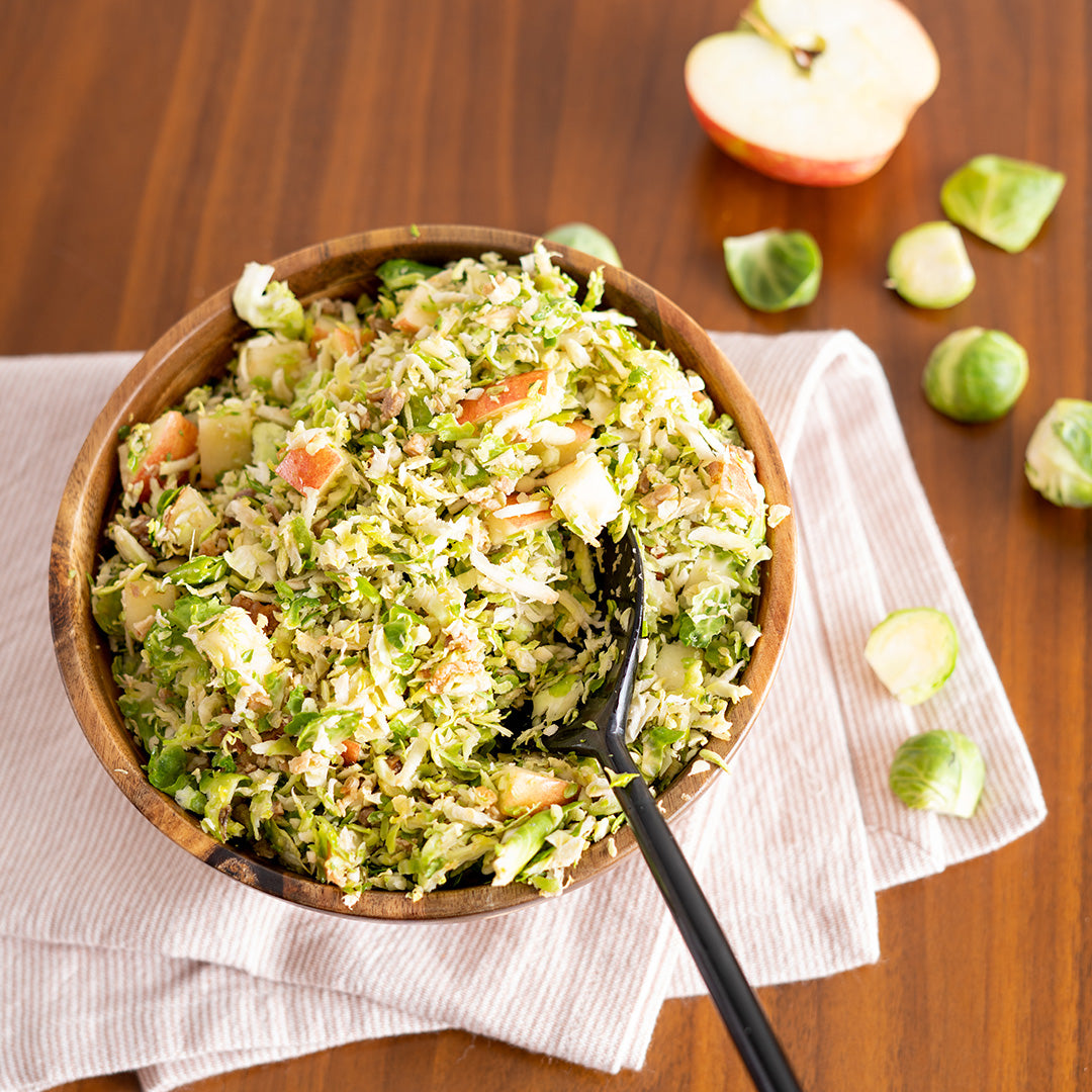 Family Style Shredded Brussels Sprouts with Bacon and Apples